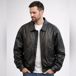 Vintage Black Leather Bomber Jacket Men’s XXL Faux Fur Lined Heavy Coat
